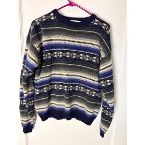 Royal Scott Mens Shetland Wool Fair Isle Sweater Blue Grey Crewneck Size M